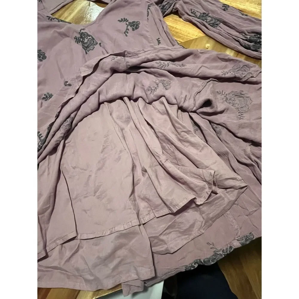 Free People Embroidered Austin Mini Dress long sleeve floral boho lavender‎ Med